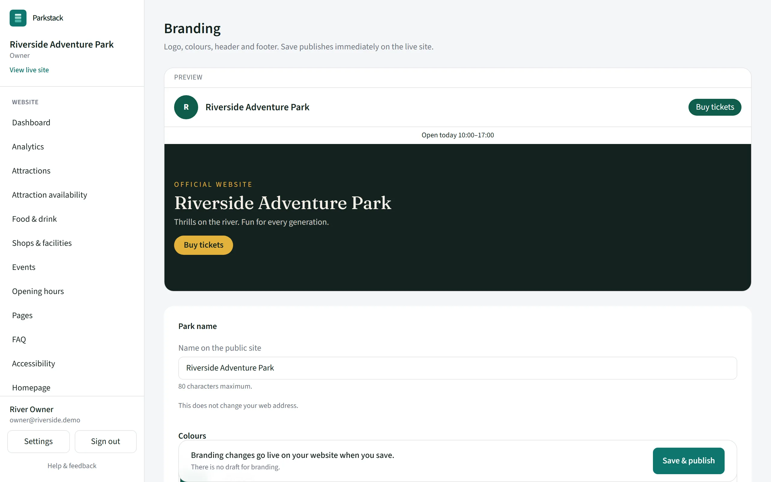 The branding page in the console, with a live preview of the park’s header and colours.