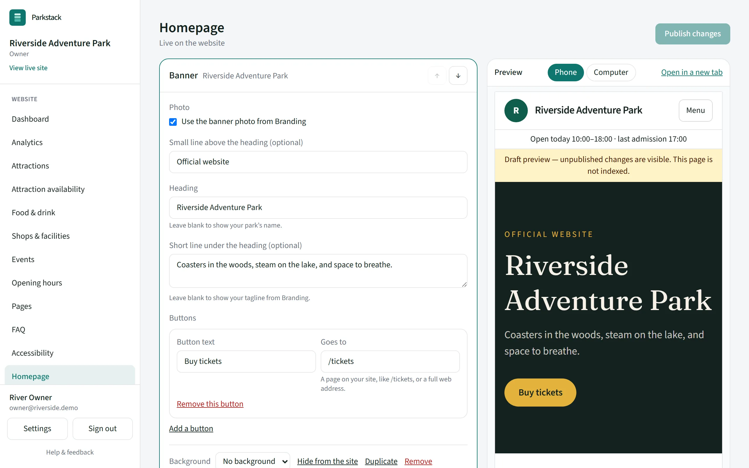 The homepage editor in the console: the page’s blocks on the left and a live preview of the website on a phone on the right.