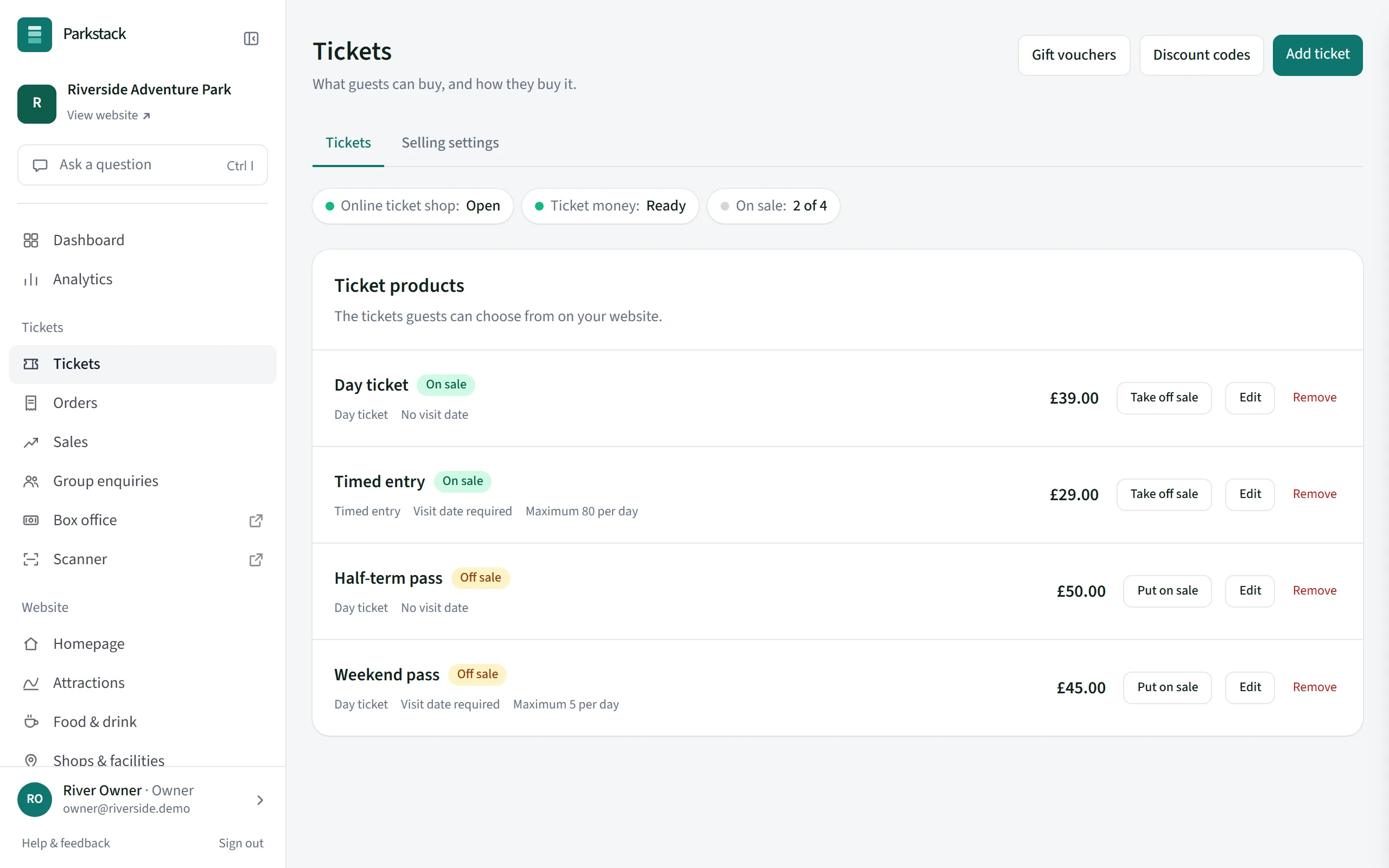 The Tickets page in the console: whether the online shop is open and ticket money is ready, and each ticket with its price, whether it is on sale and its daily limit.