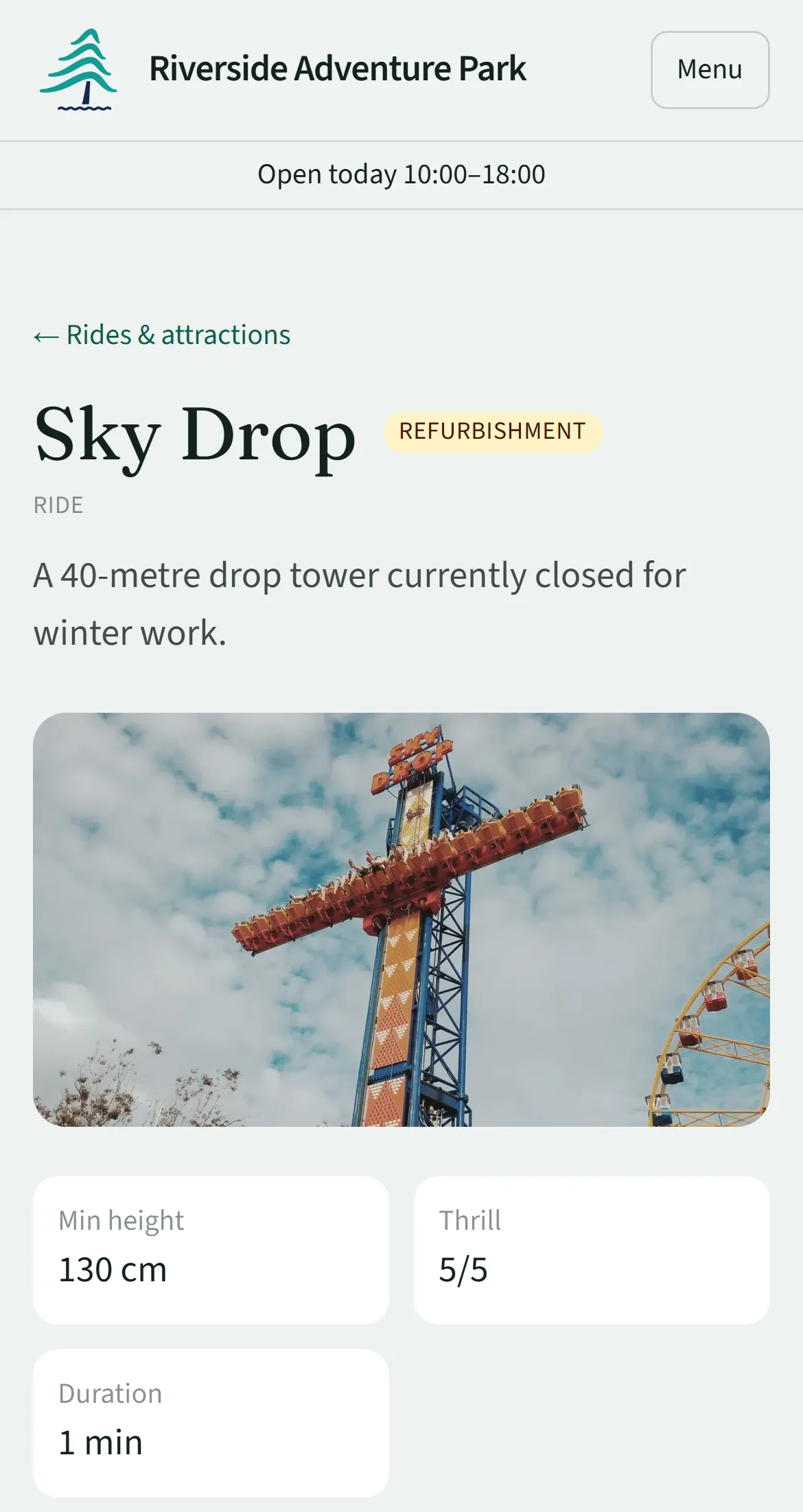 The Sky Drop attraction page on a phone, marked as closed for refurbishment, with its photo and height limit.