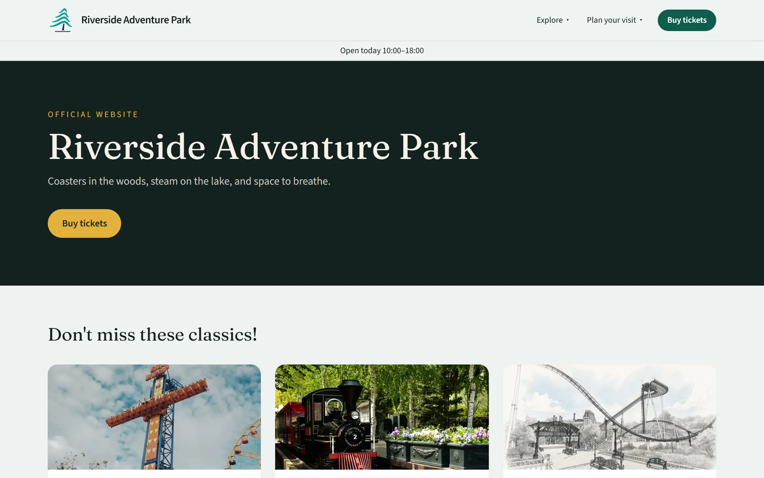 The Riverside Adventure Park homepage, with its header, opening hours and featured attractions.