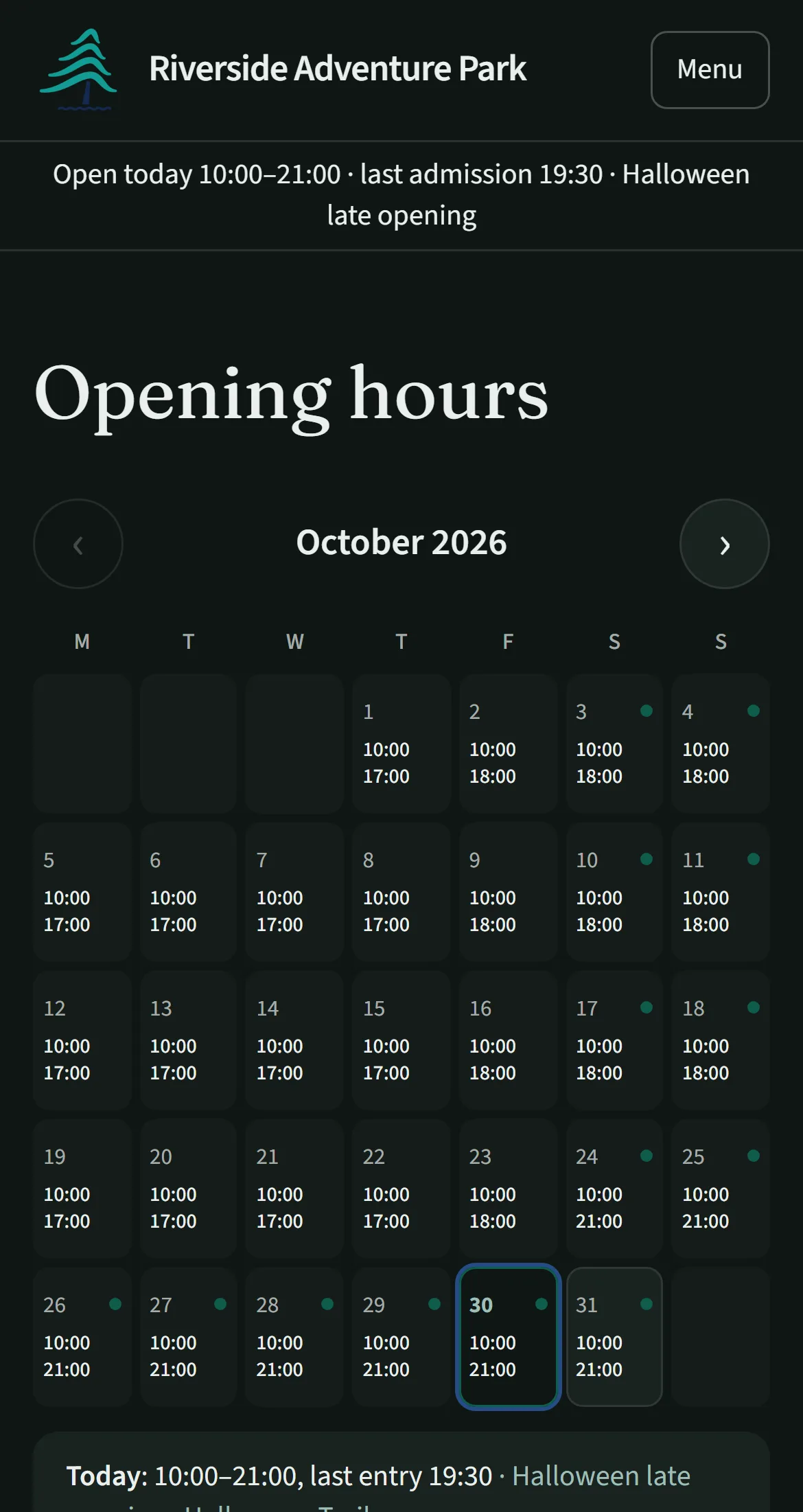 Opening hours on a phone: a month calendar with each day’s times, today ringed, and today’s hours and events spelt out below.